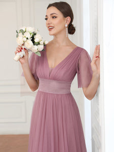 Color=Orchid | Deep V-Neck Short Ruffles Sleeves A Line Wholesale Bridesmaid Dresses-Orchid 5