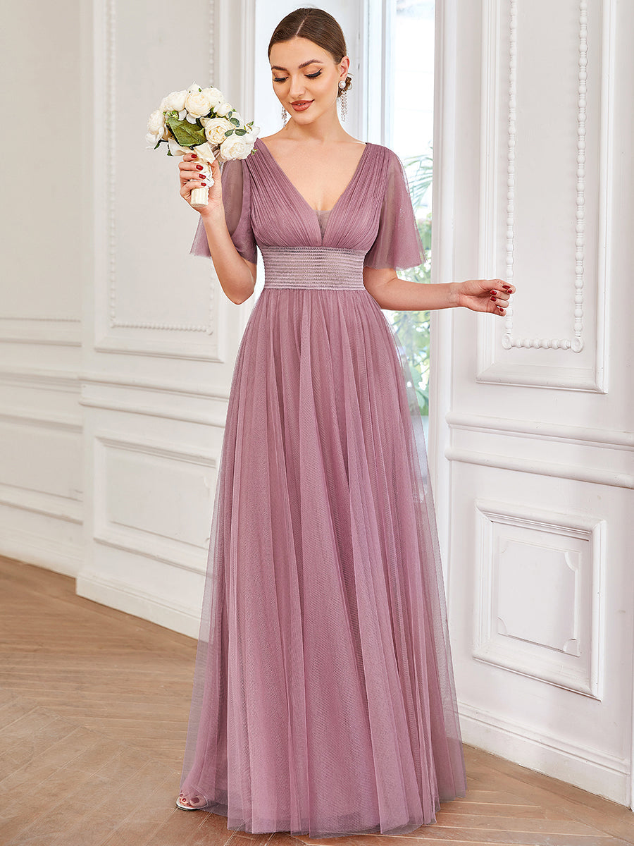 Color=Orchid | Deep V-Neck Short Ruffles Sleeves A Line Wholesale Bridesmaid Dresses-Orchid 1