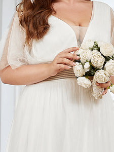 Color=White | Deep V-Neck Short Ruffles Sleeves A Line Wholesale Bridesmaid Dresses-White 5
