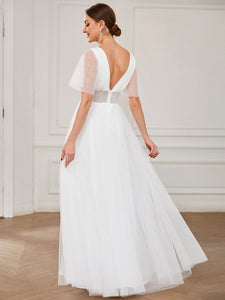 Color=White | Deep V-Neck Short Ruffles Sleeves A Line Wholesale Bridesmaid Dresses-White 2