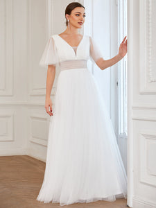 Color=White | Deep V-Neck Short Ruffles Sleeves A Line Wholesale Bridesmaid Dresses-White 3