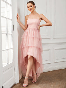 Color=Pink | Spaghetti Straps Multi-Layered Hem Wholesale Bridesmaid Dresses-Pink 4