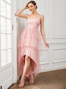 Color=Pink | Spaghetti Straps Multi-Layered Hem Wholesale Bridesmaid Dresses-Pink 5