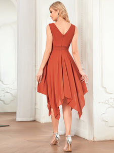 Color=Burnt Orange | Sleeveless V Neck Mini Wholesale Chiffon Bridesmaid Dress-Burnt Orange 3