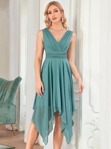 Color=Dusty blue | Wholesale Knee Length Chiffon Bridesmaid Dress With Irregular Hem-Dusty blue 1