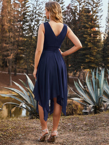Color=Navy Blue | Wholesale Knee Length Chiffon Bridesmaid Dress With Irregular Hem-Navy Blue 2