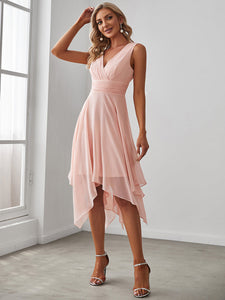 Color=Pink | Sleeveless V Neck Mini Wholesale Chiffon Bridesmaid Dress-Pink 1