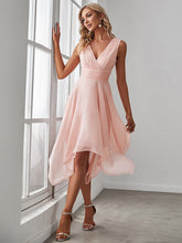 Load image into Gallery viewer, Color=Pink | Sleeveless V Neck Mini Wholesale Chiffon Bridesmaid Dress-Pink 4
