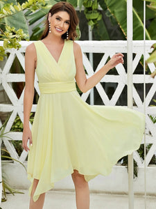 Color=Yellow | Wholesale Knee Length Chiffon Bridesmaid Dress With Irregular Hem-Yellow 4