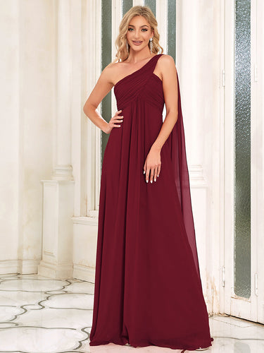 Color=Burgundy | Elegant Pleated A-Line Floor Length One Shoulder Sleeveless Wholesale Bridesmaids Dress-Burgundy 1