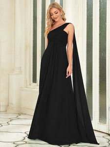 Color=Black | Elegant Pleated A-Line Floor Length One Shoulder Sleeveless Wholesale Bridesmaids Dress-Black 16