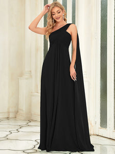 Color=Black | Elegant Pleated A-Line Floor Length One Shoulder Sleeveless Wholesale Bridesmaids Dress-Black 13
