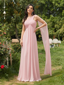 Color=Pink | Elegant Pleated A-Line Floor Length One Shoulder Sleeveless Wholesale Bridesmaids Dress-Pink 