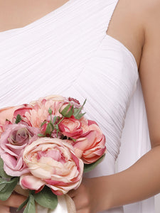 Color=White | Elegant Pleated A-Line Floor Length One Shoulder Sleeveless Wholesale Bridesmaids Dress-White 
