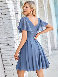 Color=Dusty Navy | Classy Deep V NECK Ruffle Sleeves Wholesale Bridesmaid Dresses-Dusty Navy 2