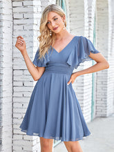 Load image into Gallery viewer, Color=Dusty Navy | Classy Deep V NECK Ruffle Sleeves Wholesale Bridesmaid Dresses-Dusty Navy 1