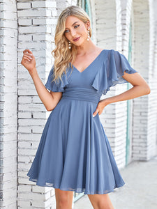 Color=Dusty Navy | Classy Deep V NECK Ruffle Sleeves Wholesale Bridesmaid Dresses-Dusty Navy 1