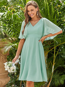 Color=Mint Green | V Neck Short Sleeves Knee Length Wholesale Bridesmaid Dresses-Mint Green 4