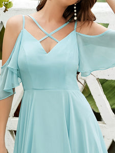 Color=Sky Blue | Adorable Short Ruffle Sleeves V Neck Wholesale Bridesmaid Dresses-Sky Blue 5