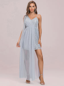 Color=Grey | Deep V-neck Sleeveless Bridesmaid Dress-Grey 7