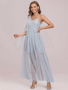 Color=Grey | Deep V-neck Sleeveless Bridesmaid Dress-Grey 6