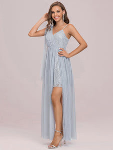 Color=Grey | Deep V-neck Sleeveless Bridesmaid Dress-Grey 8