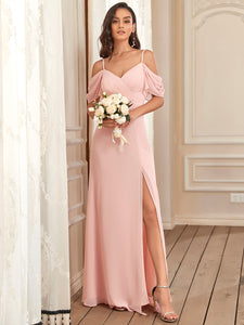 Color=Pink | Cute Floor Length Off Shoulders Wholesale Bridesmaid Dresses-Pink 4