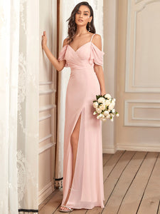 Color=Pink | Cute Floor Length Off Shoulders Wholesale Bridesmaid Dresses-Pink 2