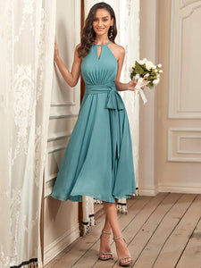 Color=Dusty blue | Charming Halter Neck Sleeveless Wholesale Bridesmaid Dresses-Dusty blue 1
