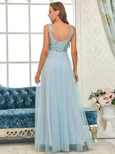 Color=Sky Blue | Spectacular U Neck Sleeveless A Line Wholesale Bridesmaid Dresses-Sky Blue 2