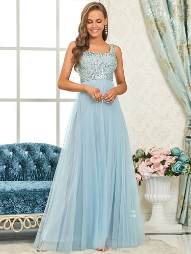 Color=Sky Blue | Spectacular U Neck Sleeveless A Line Wholesale Bridesmaid Dresses-Sky Blue 1
