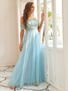 Color=Sky Blue | A-Line Ruffle Sleeves Floor Length Wholesale Bridesmaid Dresses-Sky Blue 3