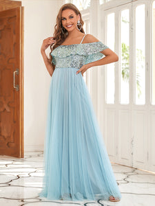 Color=Sky Blue | A-Line Ruffle Sleeves Floor Length Wholesale Bridesmaid Dresses-Sky Blue 4