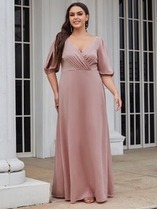 Color=Orchid | Deep V Neck A Line Lantern Sleeves Wholesale Bridesmaid Dresses-Orchid 4