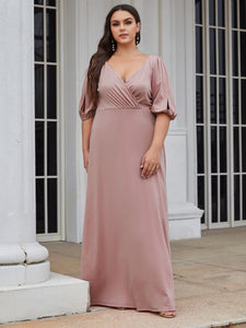 Color=Orchid | Deep V Neck A Line Lantern Sleeves Wholesale Bridesmaid Dresses-Orchid 1