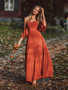 Color=Burnt orange | Off Shoulders Tulip Sleeves A Line Wholesale Bridesmaid Dresses-Burnt orange 1