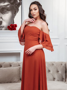 Color=Burnt orange | Off Shoulders Tulip Sleeves A Line Wholesale Bridesmaid Dresses-Burnt orange 4