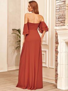 Color=Burnt orange | Off Shoulders Tulip Sleeves A Line Wholesale Bridesmaid Dresses-Burnt orange 9