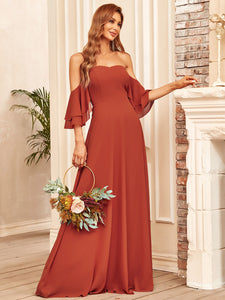 Color=Burnt orange | Off Shoulders Tulip Sleeves A Line Wholesale Bridesmaid Dresses-Burnt orange 8