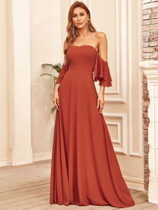 Color=Burnt orange | Off Shoulders Tulip Sleeves A Line Wholesale Bridesmaid Dresses-Burnt orange 6