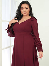 Load image into Gallery viewer, Color=Burgundy | Long Lantern Sleeves A Line V Neck Wholesale Bridesmaid Dresses-Burgundy 5