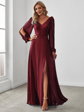 Load image into Gallery viewer, Color=Burgundy | A Line V Neck Wholesale Bridesmaid Dresses With High Split-Burgundy 