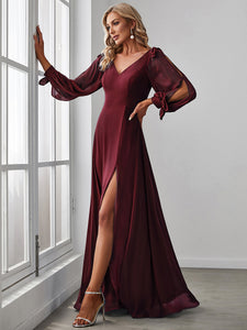 Color=Burgundy | A Line V Neck Wholesale Bridesmaid Dresses With High Split-Burgundy 
