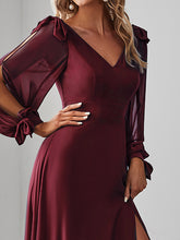 Load image into Gallery viewer, Color=Burgundy | A Line V Neck Wholesale Bridesmaid Dresses With High Split-Burgundy 