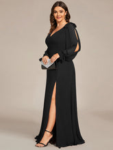 Load image into Gallery viewer, Color=Black  | Long Lantern Sleeves A Line V Neck Wholesale Bridesmaid Dresses-Black 3