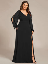 Load image into Gallery viewer, Color=Black  | Long Lantern Sleeves A Line V Neck Wholesale Bridesmaid Dresses-Black 4
