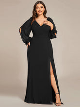 Load image into Gallery viewer, Color=Black  | Long Lantern Sleeves A Line V Neck Wholesale Bridesmaid Dresses-Black 1