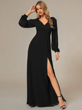 Load image into Gallery viewer, Color=Black  | Long Lantern Sleeves A Line V Neck Wholesale Bridesmaid Dresses-Black 5