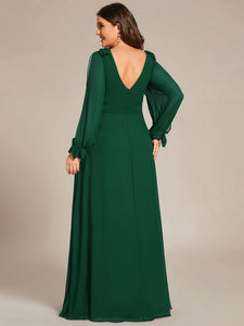 Color=Dark Green  | Long Lantern Sleeves A Line V Neck Wholesale Bridesmaid Dresses-Dark Green 3