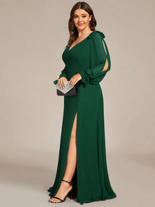 Color=Dark Green  | Long Lantern Sleeves A Line V Neck Wholesale Bridesmaid Dresses-Dark Green 4